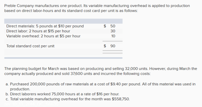 Company cost manufactures preble variable overhead standard solved its manufacturing production card per applied hours direct hour answer problem been