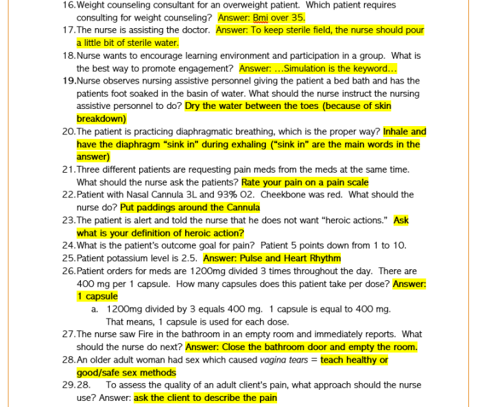 Test bank questions for fundamentals of nursing