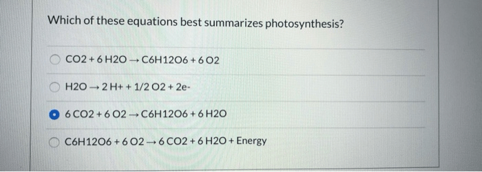 Which of these equations best summarizes photosynthesis